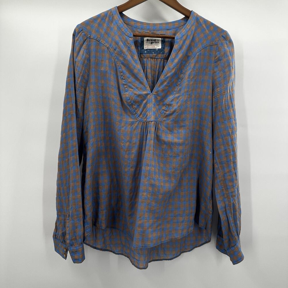 Anthropologie Holding Horses Top Shirt Womens Small Plaid Popover Blouse Western